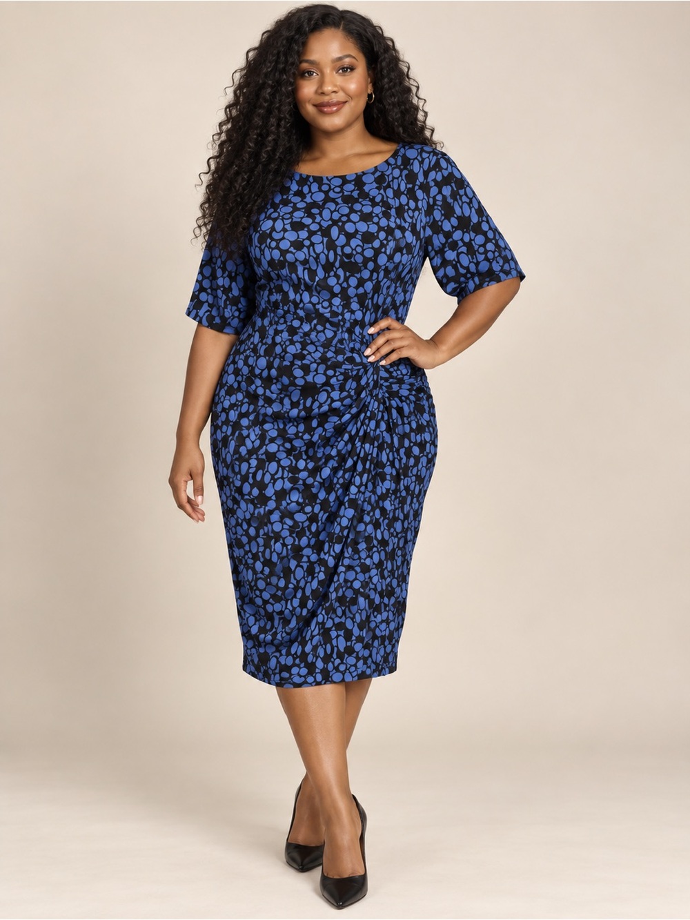 London Times Blue and Black Printed Midi Dress